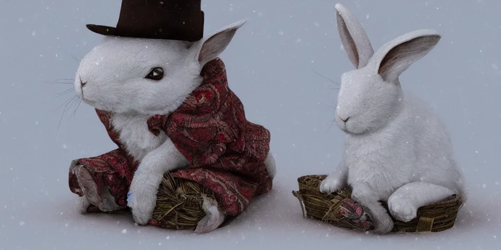 Image similar to white rabbit wearing a fedora chilling in the snow, digital art, realistic, 4K