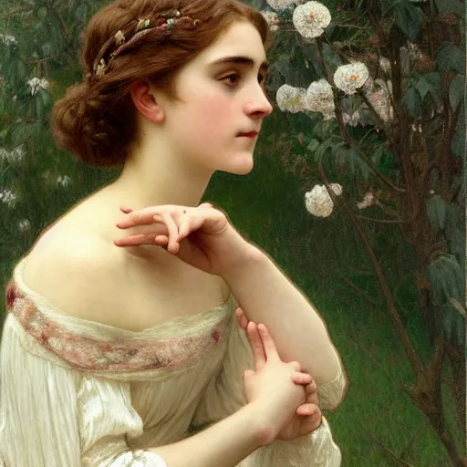 Image similar to a detailed, intricate art nouveau portrait of a young bride who resembles a teenage saoirse ronan and emma watson, in a field of grain, by william adolphe bougereau, john williams waterhouse, alphonse mucha, and donato giancola