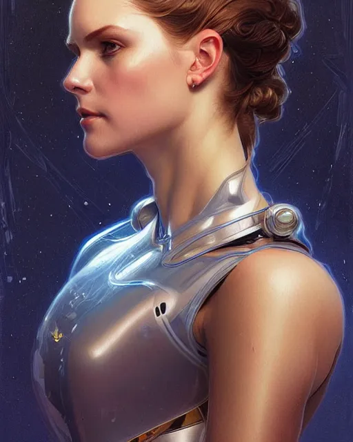 Image similar to portrait of renee boling, spacesuit, blue eyes, real life skin, intricate, elegant, highly detailed, artstation, concept art, smooth, sharp focus, art by artgerm and greg rutkowski and alphonse mucha