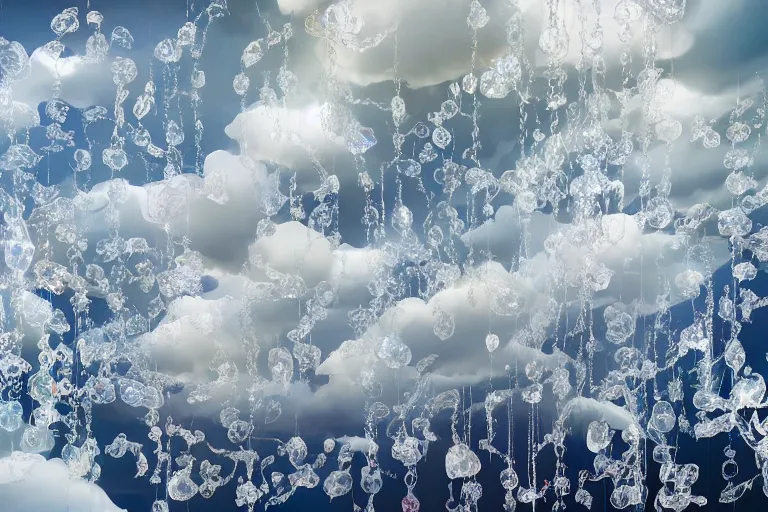 Image similar to simplicity, a huge flock of many ornate translucent puffy filigreed clouds tangled into large whirling ultra detailed crystal specimens, mission arts environment, playful, award winning art, epic dreamlike fantasy landscape, ultra realistic,