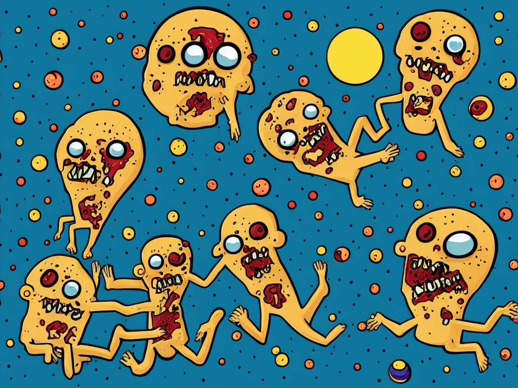 Image similar to happy zombies eating each other, floating in space, cartoon illustration, detailed