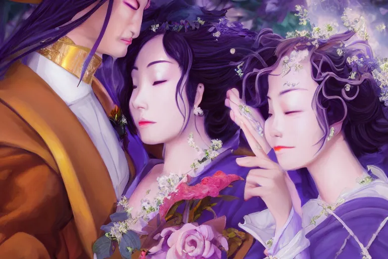 Image similar to a cinematic portrait of wedding photograph jpeg close up moment of a divine a japan sun god and moon goddess lovers magician at a wedding banquet. portraiture. digital painting. artstation. concept art. wedding photo. digital painting. violet evergarden art masterpiece by art by krenz cushart