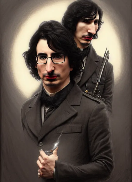 Image similar to a portrait of john oliver clutching a portrait of adam driver, military uniform, fantasy, intricate, elegant, beautiful, highly detailed, charcoal, centered, dark, smokey, digital painting, artstation, concept art, smooth, sharp focus, illustration, art by artgerm and greg rutkowski and alphonse mucha