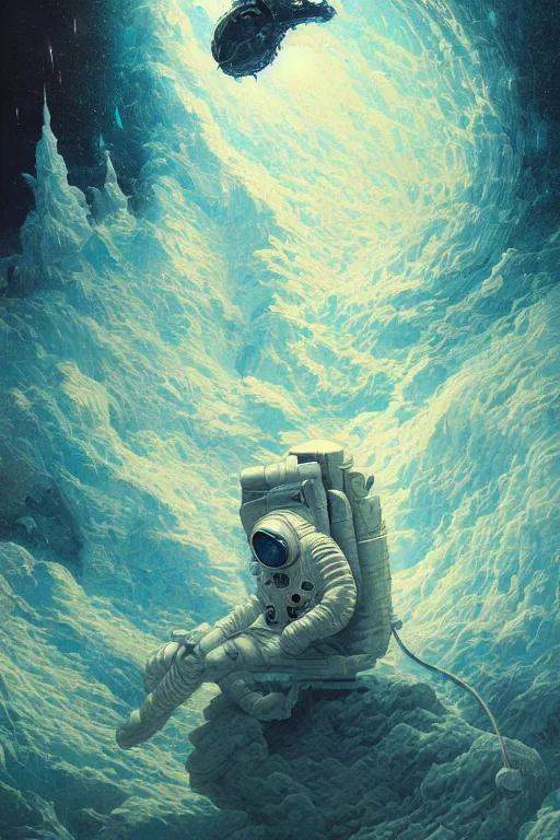 Image similar to an astronaut portrait fading into the aether, water elemental, james gurney, peter mohrbacher, mike mignola, black paper, mandelbulb fractal, trending on artstation, exquisite detail perfect, hyper detailed, intricate ink illustration, black background