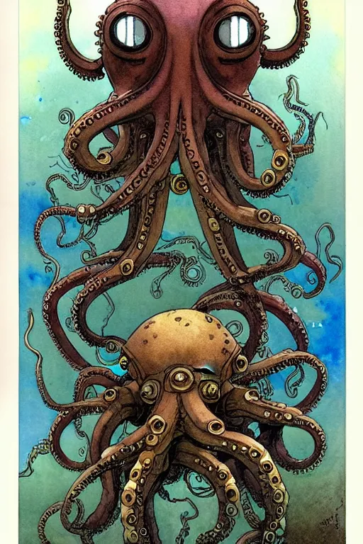 Image similar to a simple and atmospheric watercolour fantasy character concept art portrait of a mechanized android octopus as a druidic warrior wizard looking at the camera with an intelligent gaze, very muted colors, by rebecca guay, michael kaluta, charles vess and jean moebius giraud