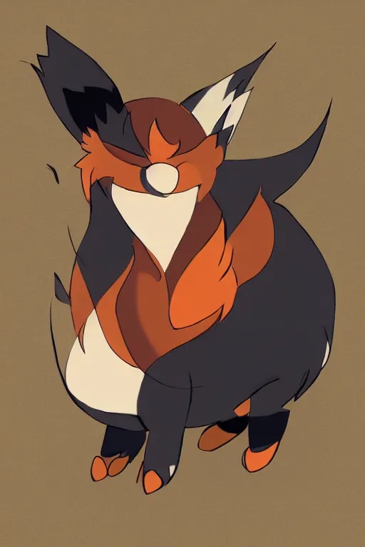 Image similar to zorua pokemon, stylised fox - like appearance, black and auburn colour pallet, thick furry neck and chest fluff, stylised paintbrush end with ink on top of head as hair, pokemon concept art multiple angles, super detailed, clean lines, digital art