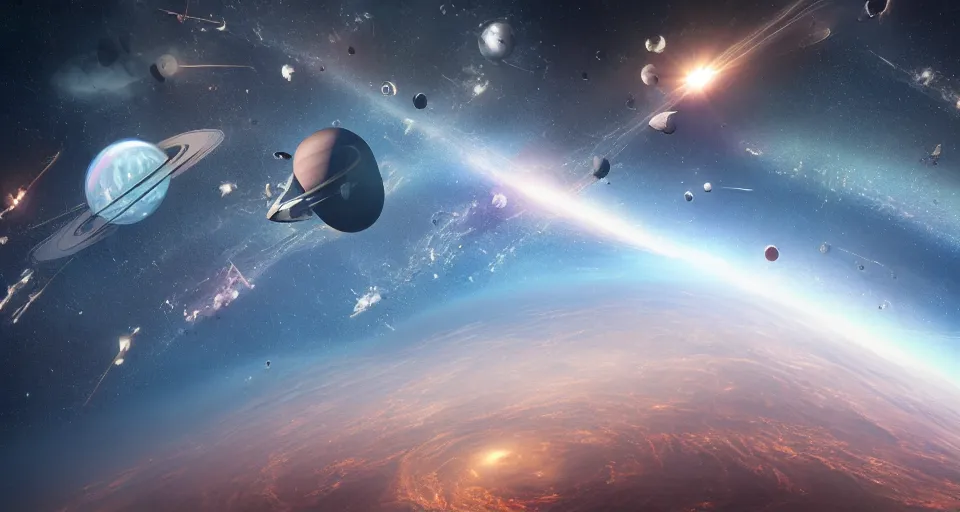 Prompt: a beautiful photograph of a humanity in spacecraft in formation migrating in outer space away from a dry brown planet, rectilinear, barometric projection, dutch angle from space view, concept art, high detail, intimidating, deep rich colors, iridescent radiance, epic scale ultrawide angle, stunning, epic, great migration, cinematic, Artstation trending, octane render, hyperrealistic, Cryengine 8k UHD