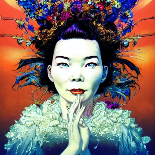 Prompt: portrait of crazy beautiful singer bjork, ymmetrical, by yoichi hatakenaka, masamune shirow, josan gonzales and dan mumford, ayami kojima, takato yamamoto, barclay shaw, karol bak, yukito kishiro