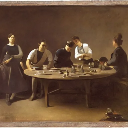 Image similar to by camille corot, by jakub rozalski, by bert hardy van dyke brown, prismatic unified, energetic. a beautiful body art of a group of people standing around a circular table. in the center of the table is a large, open book. the people in the body art are looking at the book with interest & appear to be discussing its contents.