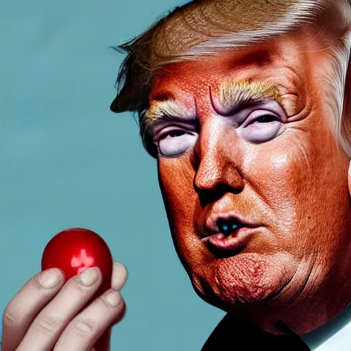 Image similar to close - up portrait of donald trump eating a small nuclear bomb, by annie liebowitz
