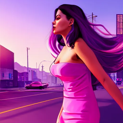 Image similar to a stunning GTA V loading screen with a beautiful woman with ombre hairstyle in purple and pink blowing in the wind, city streets, golden ratio, digital art, trending on artstation