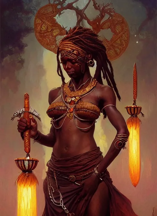 Image similar to : african shamen Shango fantasy, fantasy magic, , intricate, sharp focus, illustration, highly detailed, digital painting, concept art, matte, art by WLOP and Artgerm and Greg Rutkowski and Alphonse Mucha, masterpiece