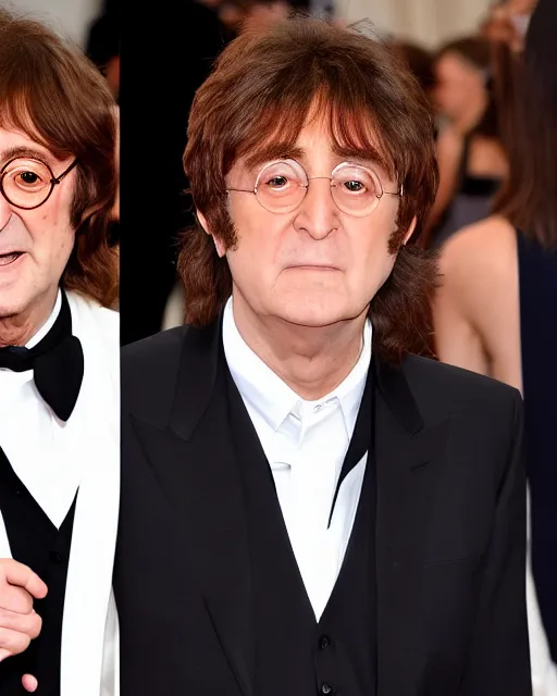 Prompt: genetic combination of john lennon and paul mccartney, photographed at met gala, dynamic lighting, ultra detailed
