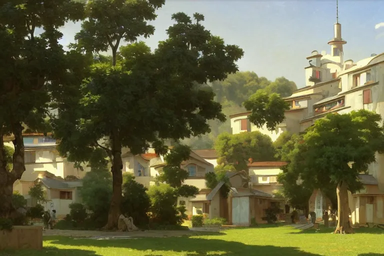 Prompt: a beautiful landscape of a futuristic science fiction village in the french countryside during spring season, painting by studio ghibli hd and william adolphe bouguereau hd, nice afternoon lighting, smooth tiny details, soft and clear shadows, low contrast, perfect