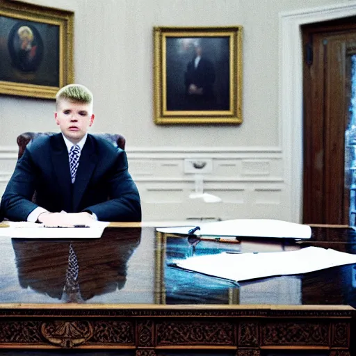 Prompt: professional photograph of yung lean sitting in the oval office desk speaking to a news reporter at night time, 8 k, very detailed, very intricate,