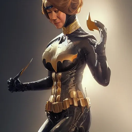 Image similar to full figure ultra realistic illustration, helen mirren as batgirl, intricate, elegant, highly detailed, digital painting, artstation, concept art, smooth, sharp focus, illustration, art by artgerm and greg rutkowski and alphonse mucha