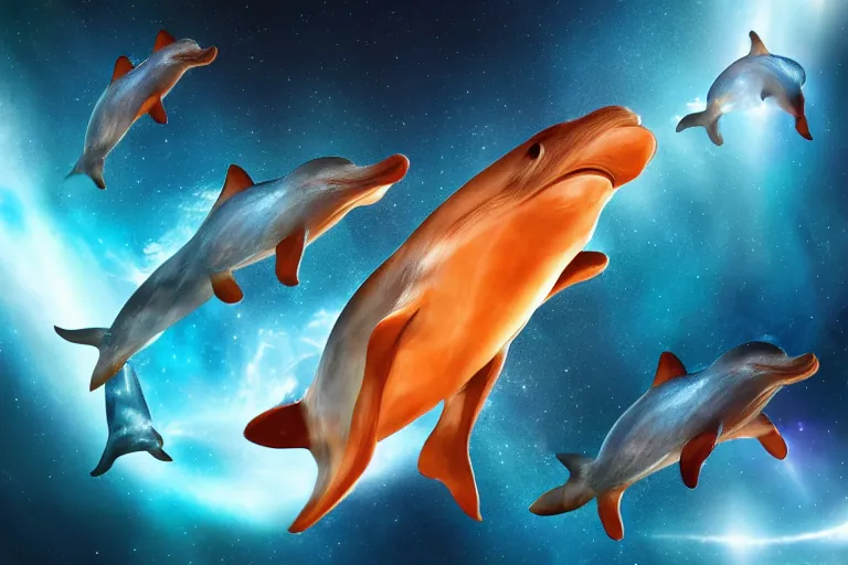 Image similar to a group of cosmic dolphins jumping out of a cosmic ocean in space, epic composition, 4 k