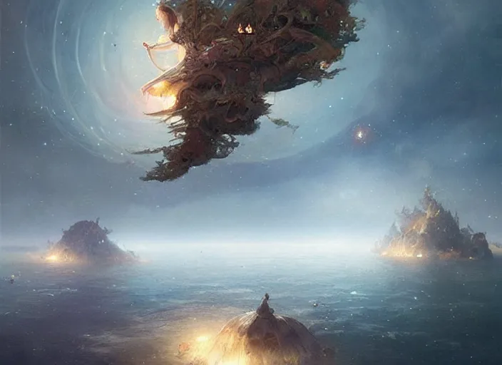 Image similar to magical floating fairy island drifting through space, a fantasy digital painting by Greg Rutkowski and James Gurney, trending on Artstation, highly detailed