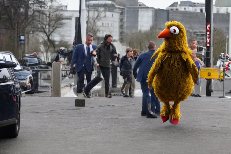 Image similar to muppet Big-Bird in shackles being escorted to the docks in a courtroom