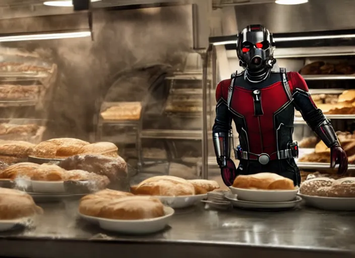 Image similar to film still of Antman working in a bakery in the new Avengers movie, 4k