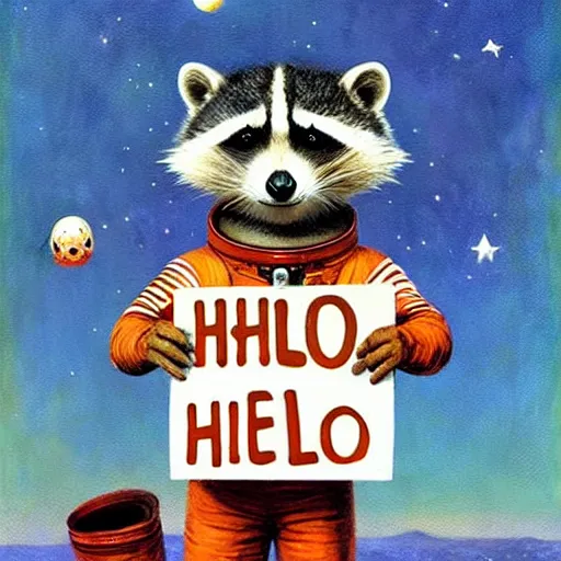 Image similar to astronaut racoon holding a sign that says hello by esao andrews