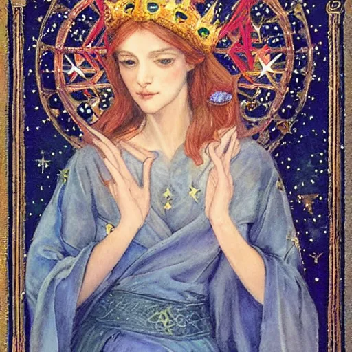 Prompt: the night crown, by Annie Swynnerton and Alayna Danner, embroidered robes, starry tattoos, elaborate costume, geometric ornament, symbolist, soft colors, dramatic lighting, smooth, sharp focus, extremely detailed