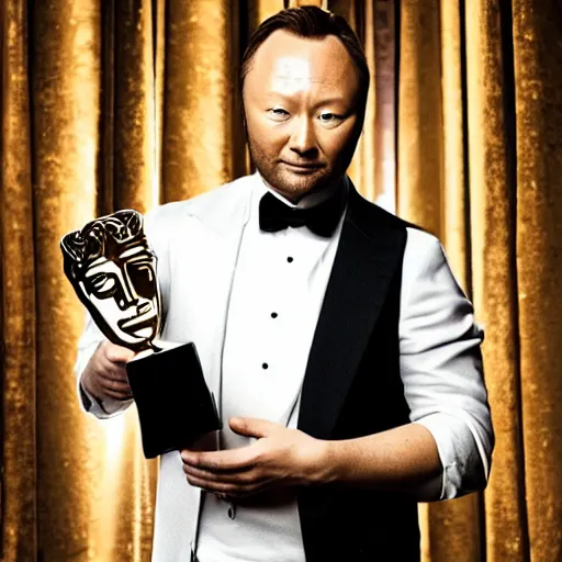 Image similar to limmy holding bafta award, realistic, wide shot, dramatic lighting, hyper realistic, high quality, highly detailed, hd, beautiful, cinematic, 8 k, unreal engine, facial accuracy, symmetrical,