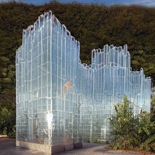 Prompt: translucent glass castle entirely out of glass, big glass towers, glass walls