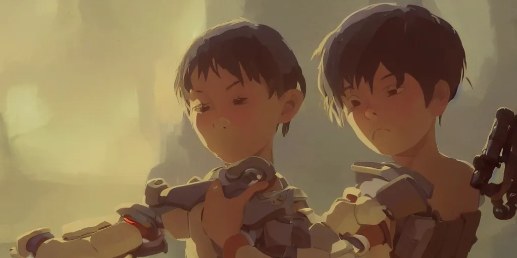 Prompt: a stylized 2 d cinematic keyframe of a cyborg child soldier crying, joy gaze, cel - shaded, classical animation, edge - to - edge print, rendered by studio ghibli, artgerm, alyssa monks, andreas rocha, david kassan, neil blevins, rule of thirds, golden ratio, ambient lighting