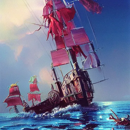 Prompt: A pirate on the high seas that has magical pearlescent shimmering see through sails, painting by Peter Andrew Jones