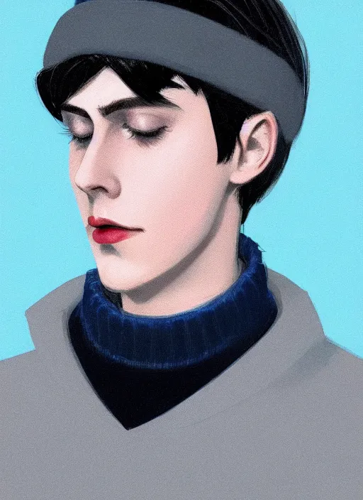 Image similar to portrait of teenage jughead jones wearing a light grey crown, crown, blue turtleneck, 1 9 5 0 s, closed eyes, photorealistic, black hair, glowing lighting, intricate, elegant, glowing lights, highly detailed, digital painting, artstation, concept art, smooth, sharp focus, illustration, art by wlop, mars ravelo and greg rutkowski