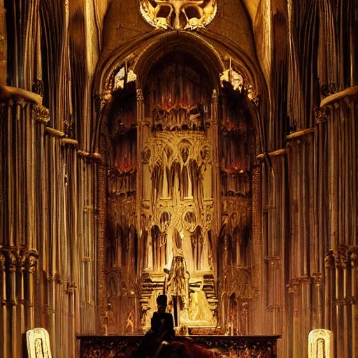 Image similar to Human skeleton, majesty in noble clothes, king resting on a throne inside a cathedral, oil painting, by Fernanda Suarez and Greg Rutkowski
