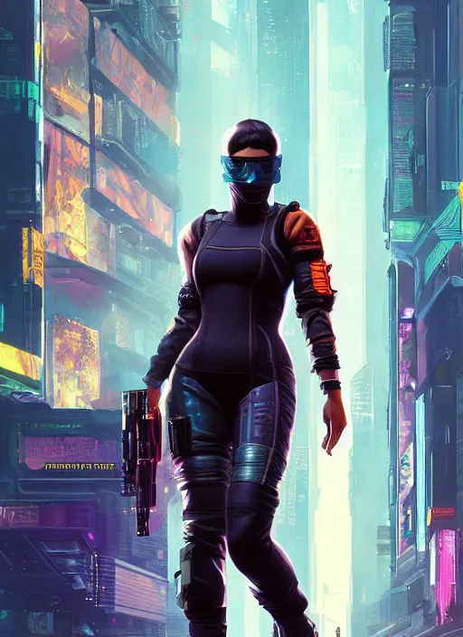 Image similar to Maria. Hacker in tactical gear infiltrating corporate mainframe. Cyberpunk 2077, blade runner 2049, matrix Concept art by James Gurney, greg rutkowski, and Alphonso Mucha. Stylized painting with Vivid color.