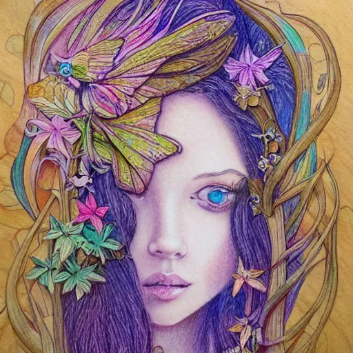 Prompt: Colored pencil art on paper, Wood Fairy, highly detailed, artstation, Caran d'Ache Luminance