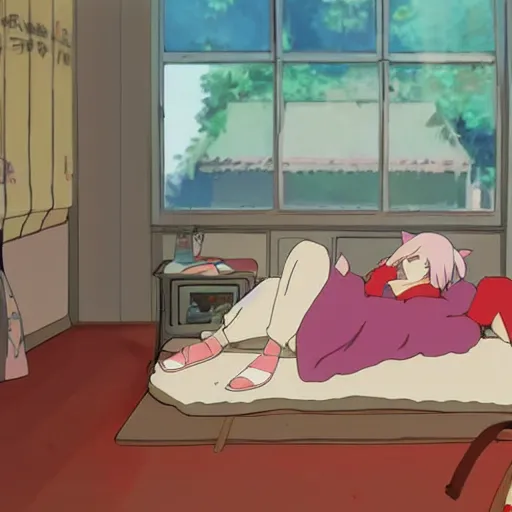 Image similar to bedroom in studio ghibli, Zero Two sitting on bed, anime style