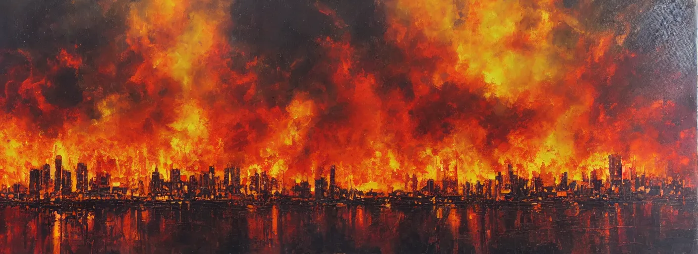 Prompt: a city on fire, oil on canvas