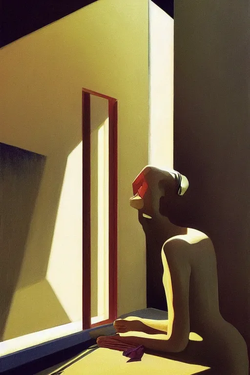 Image similar to woman put the trash bin through her head Edward Hopper and James Gilleard, Zdzislaw Beksisnski, higly detailed