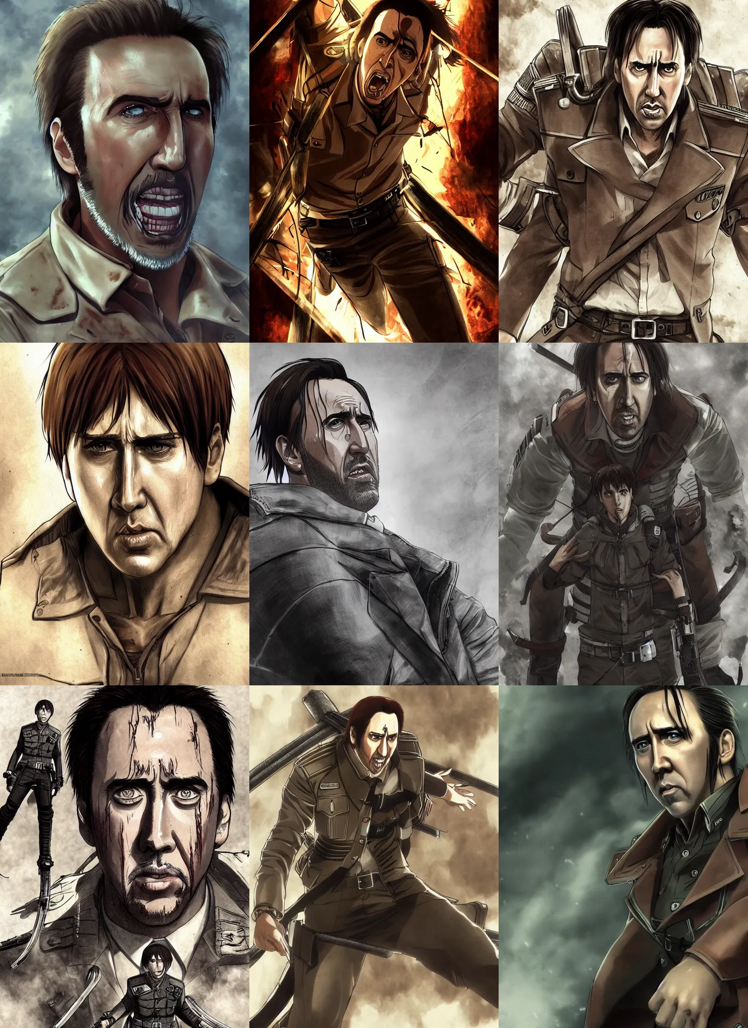 Prompt: nicholas cage in a scene from attack on titan, anime, concept art, detailed clothing, art station