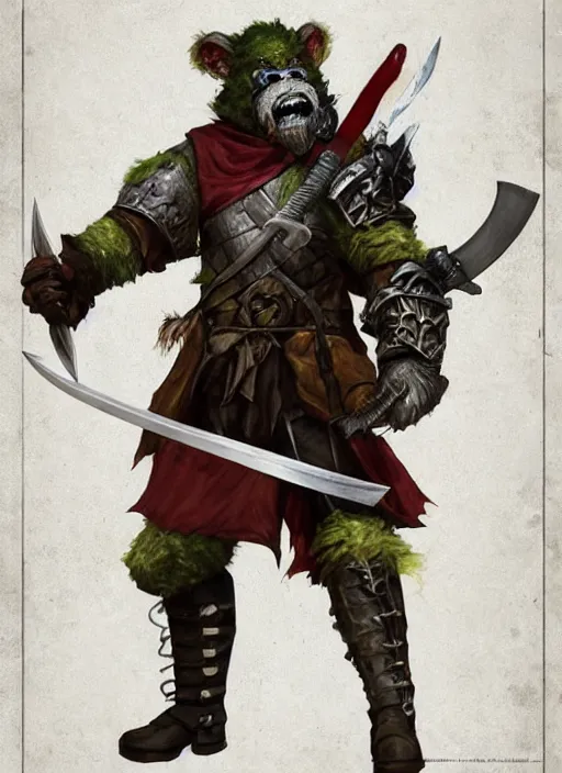 Image similar to photorealistic bugbear ranger holding sword on fire, magic, black beard, dungeons and dragons, pathfinder, roleplaying game art, hunters gear, jeweled ornate leather and steel armour, concept art, character design on white background, by sargent, norman rockwell, makoto shinkai, kim jung giu, artstation trending, poster art, colours red and green