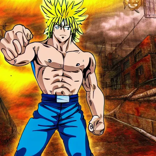 Image similar to fist of the north star, man, standing, anime style, hdr, buildings