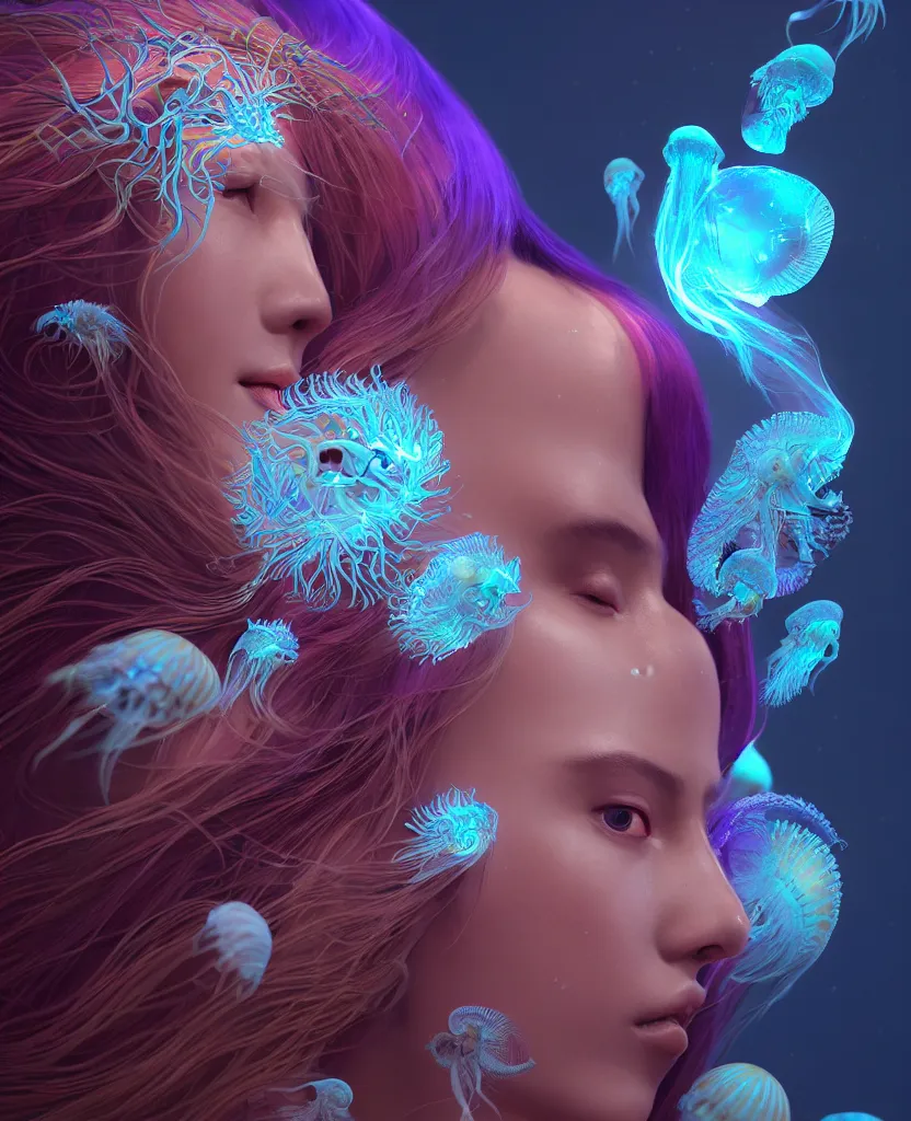 Image similar to goddess close-up portrait. jellyfish phoenix head, nautilus, orchid, skull, betta fish, bioluminiscent creatures, intricate artwork by Tooth Wu and wlop and beeple. octane render, trending on artstation, greg rutkowski very coherent symmetrical artwork. cinematic, hyper realism, high detail, octane render, 8k