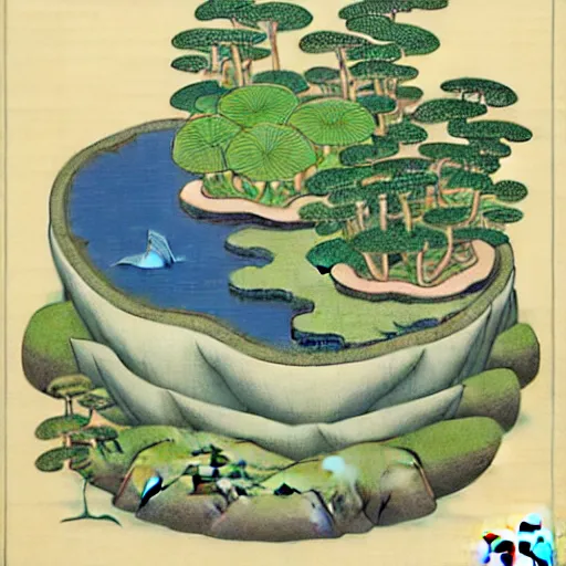 Image similar to 3d isometric botanical illustration of a waterfall with miniature boats in a circular landscale, diego rivera in Ukiyo-e style, HD