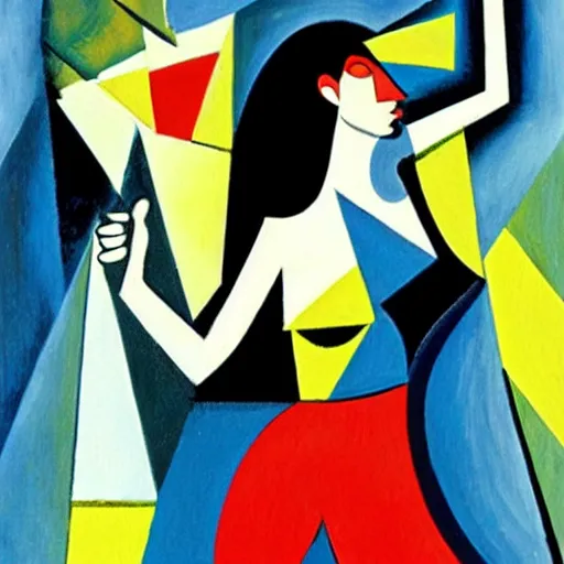 Prompt: Kate Bush dancing painted in Cubist style by Picasso
