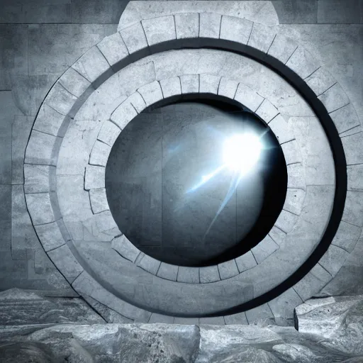 Image similar to active stargate made of stone that form a circle, cinematic view, volumetric light, epic sky