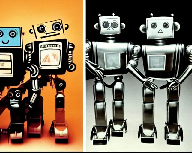 Prompt: middle shot, robots are in love with each other pose for a photo, circa 1 9 8 4