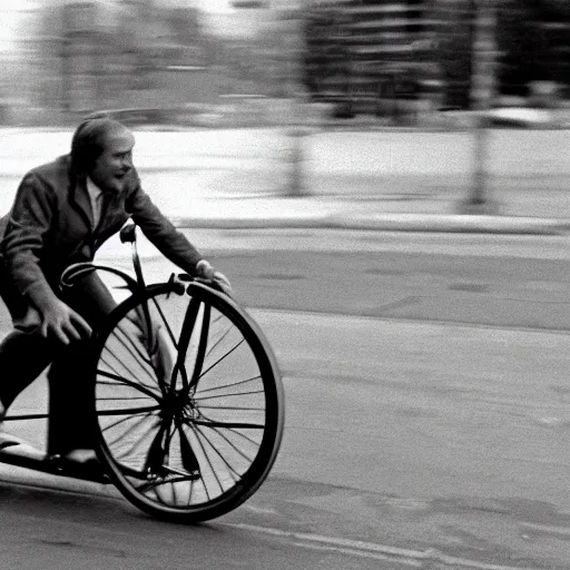 Prompt: a man riding a walrus powered bicycle prototype, kodachrome, 3 5 mm f 1. 4 lens, depth of field, dramatic lighting, masterpiece