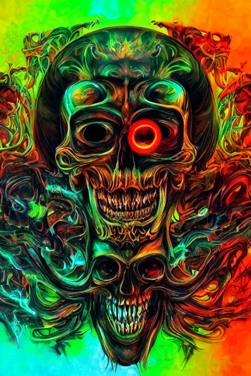 Image similar to 35 mm lens photo of chthonic scull lsd colors with sharp teeth and glowing demonic eyes and rgb background smoke, direct sunlight, glowing, vivid, detailed painting, Houdini algorhitmic pattern, by Ross Tran, WLOP, artgerm and James Jean, masterpiece, award winning painting