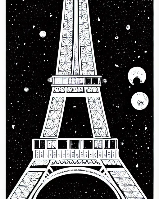 Prompt: eiffel tower, extremely detailed, bold line art, by vincent di fate and joe fenton, inking, etching, screen print, masterpiece, trending on artstation, sharp, high contrast, hyper realistic, hd, 4 k, 8 k