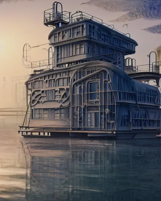 Image similar to a beautiful ultradetailed highly detailed city industrial architecture unfinished building houseboat by georgia o'keeffe, morning sun futuristic otherworldly sea dieselpunk, archdaily, wallpaper, highly detailed, trending on artstation.