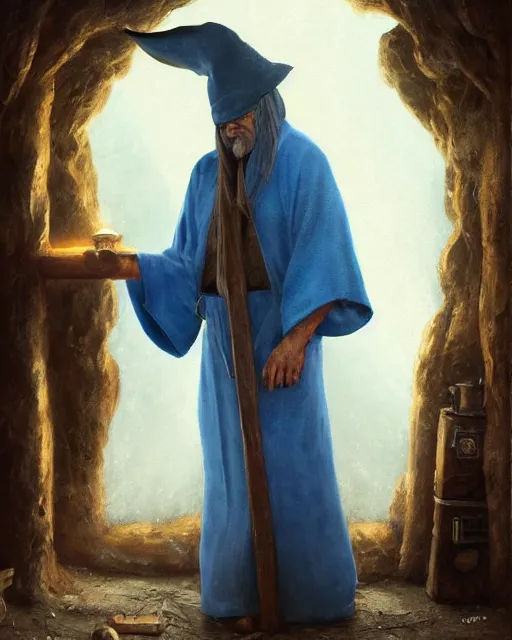 Image similar to oil painting of a an old mage wearing a blue robe and wizard hat, cozy wood cabin background, staff resting against a wall, fantasy style, volumetric lighting, 8k high definition, by greg rutkowski, highly detailed, trending on deviant art